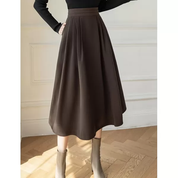 IDEALSANXUN Long Wool Skirts for Women High Waisted A Line Ruffle Fall Winter Midi Skirt with PocketsDark Brown