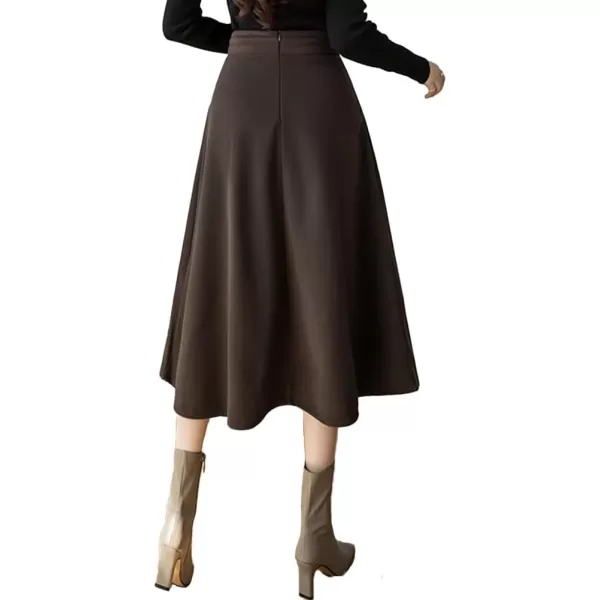 IDEALSANXUN Long Wool Skirts for Women High Waisted A Line Ruffle Fall Winter Midi Skirt with PocketsDark Brown