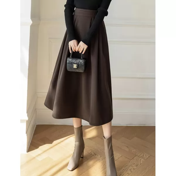 IDEALSANXUN Long Wool Skirts for Women High Waisted A Line Ruffle Fall Winter Midi Skirt with PocketsDark Brown