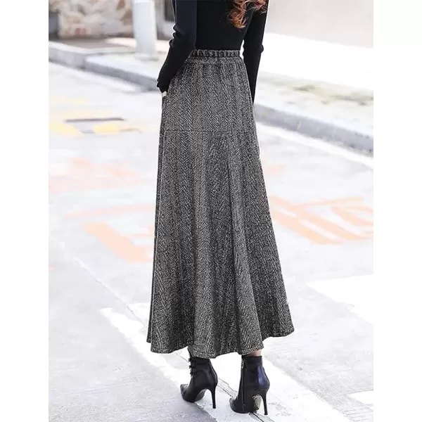 IDEALSANXUN Long Wool Skirts for Womens Fall Winter High Waist Vintage Pleated SkirtsBlack White