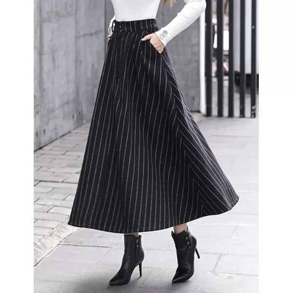 IDEALSANXUN Long Wool Skirts for Womens Fall Winter High Waist Vintage Pleated SkirtsBlackStriped