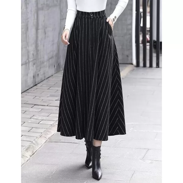 IDEALSANXUN Long Wool Skirts for Womens Fall Winter High Waist Vintage Pleated SkirtsBlackStriped