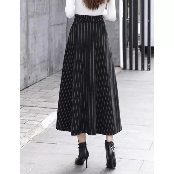 IDEALSANXUN Long Wool Skirts for Womens Fall Winter High Waist Vintage Pleated SkirtsBlackStriped