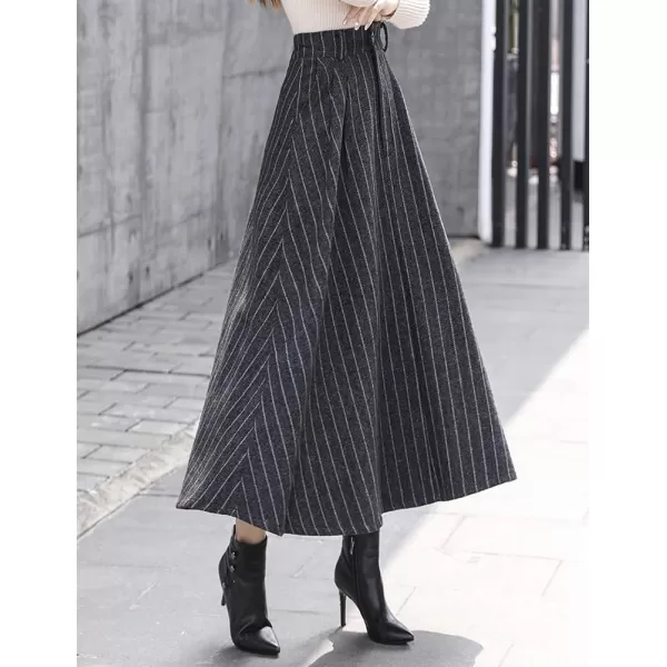 IDEALSANXUN Long Wool Skirts for Womens Fall Winter High Waist Vintage Pleated SkirtsGreyStriped
