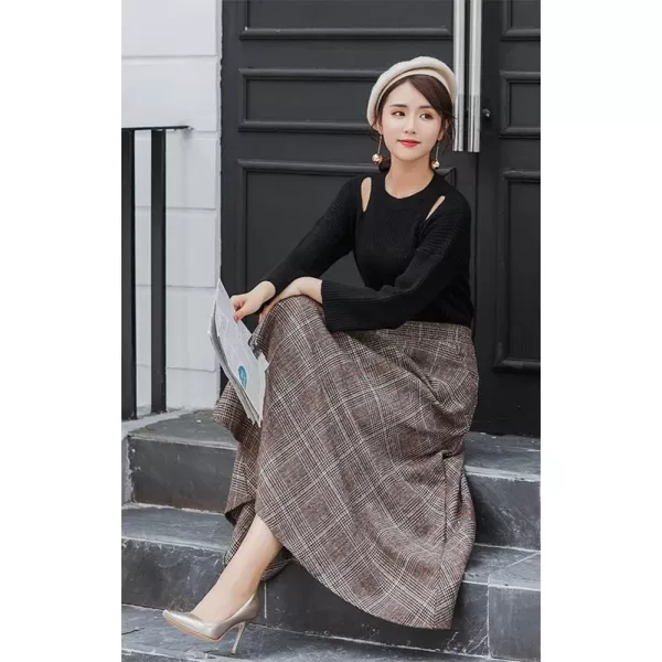 IDEALSANXUN Long Wool Skirts for Womens Fall Winter Vintage High Waisted A Line Flared Plaid SkirtCoffee