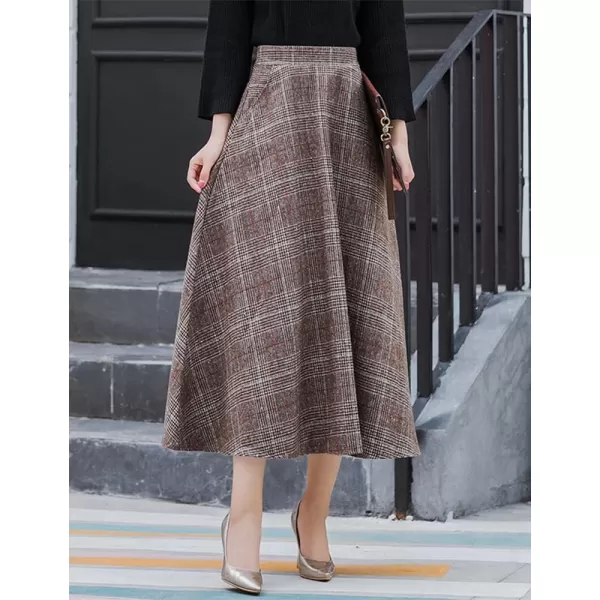 IDEALSANXUN Long Wool Skirts for Womens Fall Winter Vintage High Waisted A Line Flared Plaid SkirtCoffee