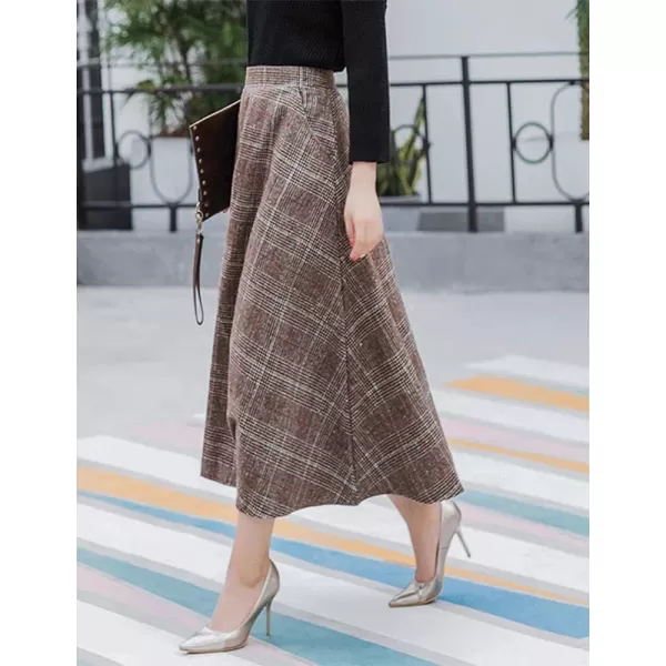 IDEALSANXUN Long Wool Skirts for Womens Fall Winter Vintage High Waisted A Line Flared Plaid SkirtCoffee