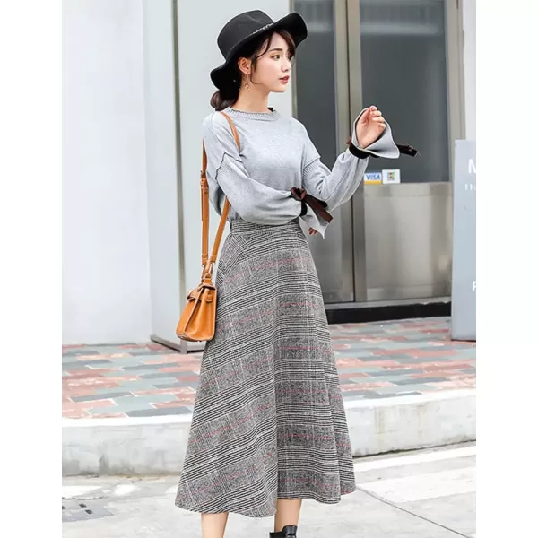 IDEALSANXUN Long Wool Skirts for Womens Fall Winter Vintage High Waisted A Line Flared Plaid SkirtGrey