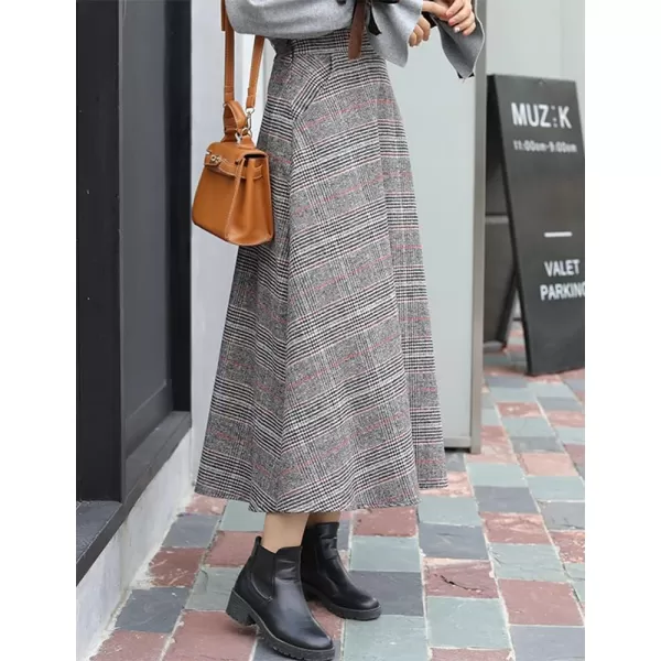 IDEALSANXUN Long Wool Skirts for Womens Fall Winter Vintage High Waisted A Line Flared Plaid SkirtGrey