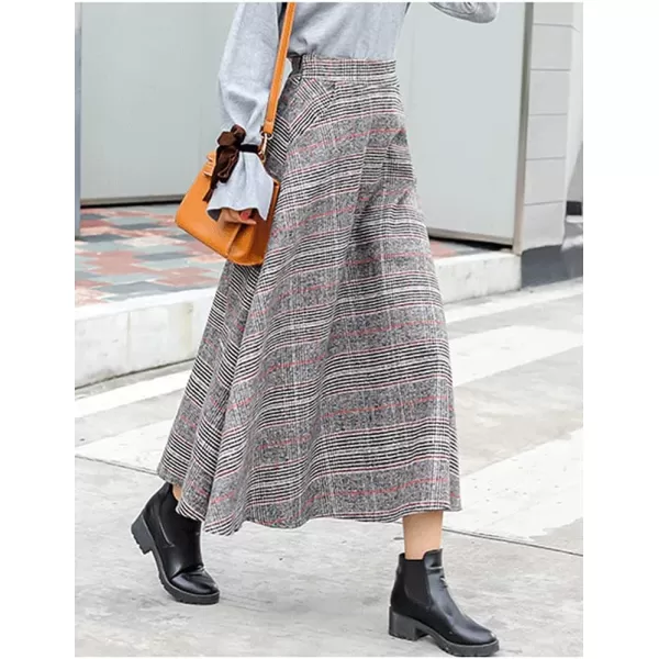 IDEALSANXUN Long Wool Skirts for Womens Fall Winter Vintage High Waisted A Line Flared Plaid SkirtGrey
