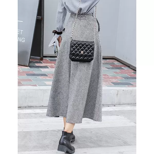 IDEALSANXUN Long Wool Skirts for Womens Fall Winter Vintage High Waisted A Line Flared Plaid SkirtWhite