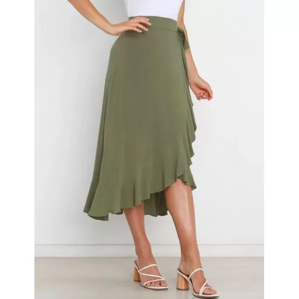 IDEALSANXUN Long Wrap Skirt for Women Ruffle High Waisted Flowy Asymmetrical Tie Beach Spring Summer Midi SkirtArmy