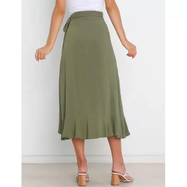 IDEALSANXUN Long Wrap Skirt for Women Ruffle High Waisted Flowy Asymmetrical Tie Beach Spring Summer Midi SkirtArmy