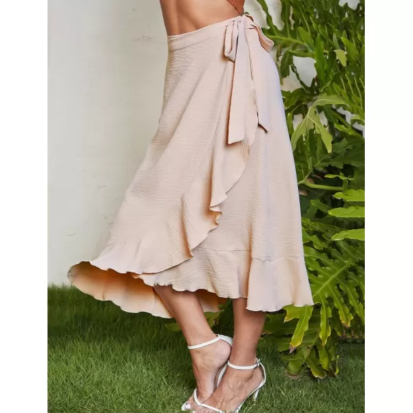 IDEALSANXUN Long Wrap Skirt for Women Ruffle High Waisted Flowy Asymmetrical Tie Beach Spring Summer Midi SkirtBeige