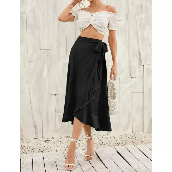 IDEALSANXUN Long Wrap Skirt for Women Ruffle High Waisted Flowy Asymmetrical Tie Beach Spring Summer Midi SkirtBlack