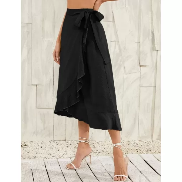 IDEALSANXUN Long Wrap Skirt for Women Ruffle High Waisted Flowy Asymmetrical Tie Beach Spring Summer Midi SkirtBlack