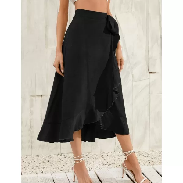 IDEALSANXUN Long Wrap Skirt for Women Ruffle High Waisted Flowy Asymmetrical Tie Beach Spring Summer Midi SkirtBlack