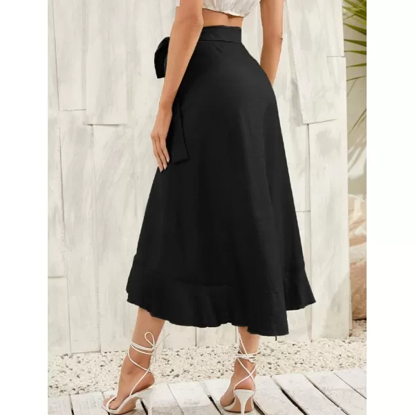 IDEALSANXUN Long Wrap Skirt for Women Ruffle High Waisted Flowy Asymmetrical Tie Beach Spring Summer Midi SkirtBlack