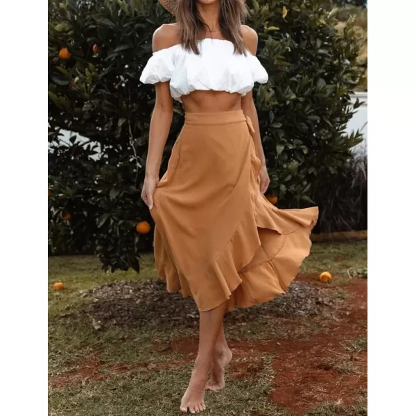 IDEALSANXUN Long Wrap Skirt for Women Ruffle High Waisted Flowy Asymmetrical Tie Beach Spring Summer Midi SkirtKhaki