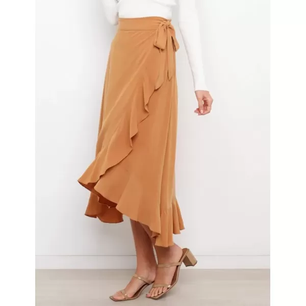 IDEALSANXUN Long Wrap Skirt for Women Ruffle High Waisted Flowy Asymmetrical Tie Beach Spring Summer Midi SkirtKhaki