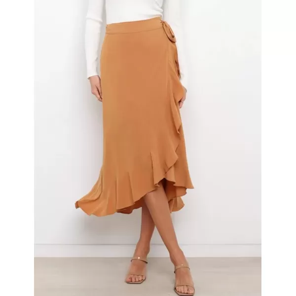 IDEALSANXUN Long Wrap Skirt for Women Ruffle High Waisted Flowy Asymmetrical Tie Beach Spring Summer Midi SkirtKhaki