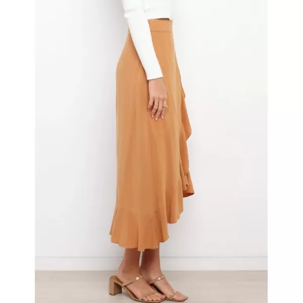 IDEALSANXUN Long Wrap Skirt for Women Ruffle High Waisted Flowy Asymmetrical Tie Beach Spring Summer Midi SkirtKhaki