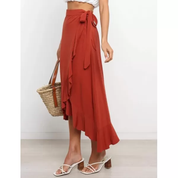 IDEALSANXUN Long Wrap Skirt for Women Ruffle High Waisted Flowy Asymmetrical Tie Beach Spring Summer Midi SkirtRed