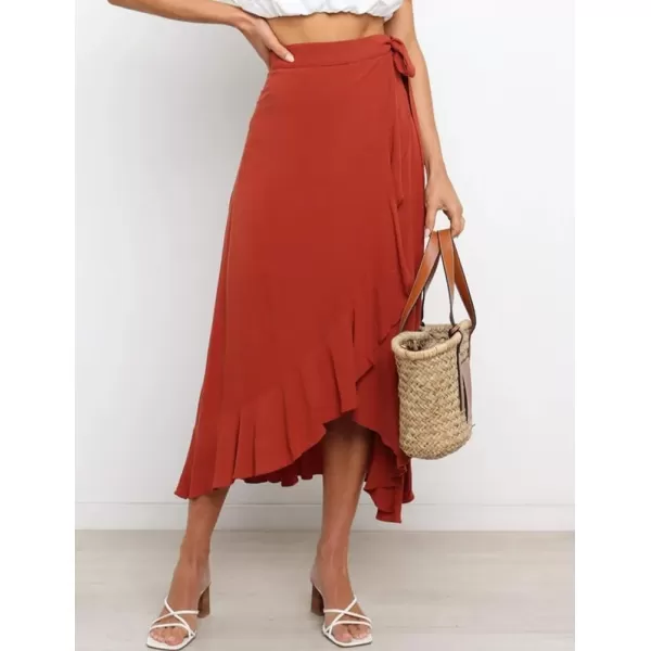 IDEALSANXUN Long Wrap Skirt for Women Ruffle High Waisted Flowy Asymmetrical Tie Beach Spring Summer Midi SkirtRed