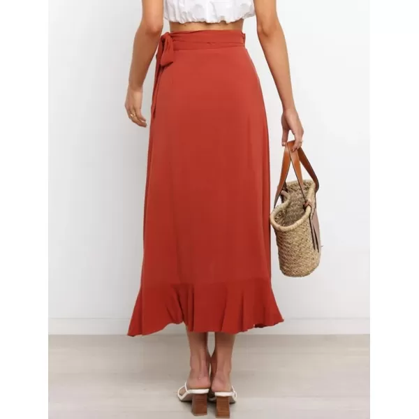 IDEALSANXUN Long Wrap Skirt for Women Ruffle High Waisted Flowy Asymmetrical Tie Beach Spring Summer Midi SkirtRed