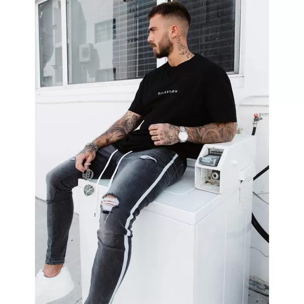 IDEALSANXUN Mens Skinny Ripped Jeans TaperedLeg Stretch Slim Jeans with StripedGrey