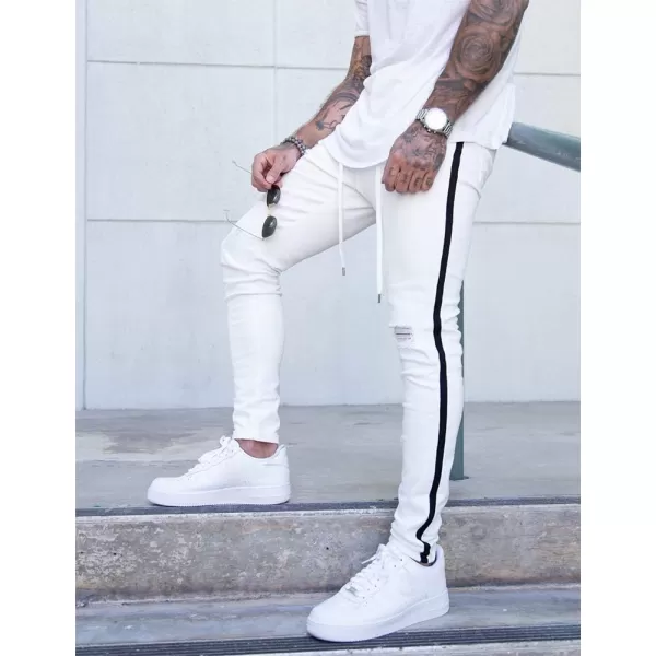 IDEALSANXUN Mens Skinny Ripped Jeans TaperedLeg Stretch Slim Jeans with StripedWhite