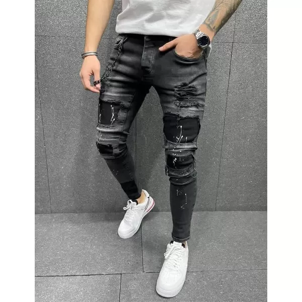 IDEALSANXUN Mens Stretch Skinny Jeans Pattern Slim Fit Ripped JeansBlack 8839