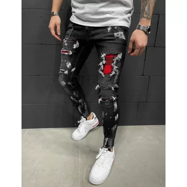 IDEALSANXUN Mens Stretch Skinny Jeans Pattern Slim Fit Ripped JeansBlack