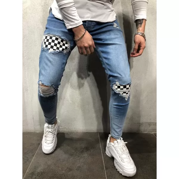IDEALSANXUN Mens Stretch Skinny Jeans Pattern Slim Fit Ripped JeansBlue 011