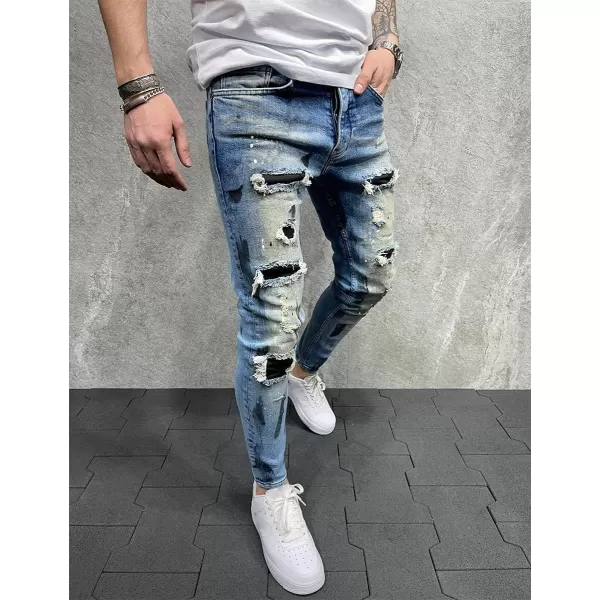 IDEALSANXUN Mens Stretch Skinny Jeans Pattern Slim Fit Ripped JeansBlue 21