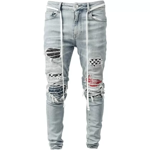 IDEALSANXUN Mens Stretch Skinny Jeans Pattern Slim Fit Ripped JeansLight Blue