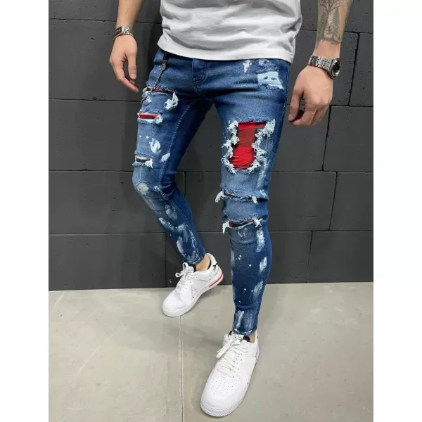 IDEALSANXUN Mens Stretch Skinny Jeans Pattern Slim Fit Ripped JeansMid Blue