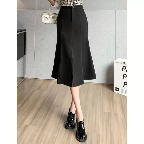 IDEALSANXUN Mermaid Maxi Skirt for Women Bodycon High Waisted Ruffle Fall Winter Long Wool Skirts with SlitBlack