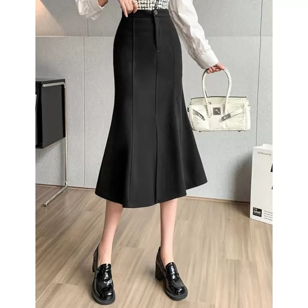 IDEALSANXUN Mermaid Maxi Skirt for Women Bodycon High Waisted Ruffle Fall Winter Long Wool Skirts with SlitBlack