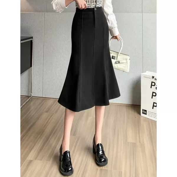 IDEALSANXUN Mermaid Maxi Skirt for Women Bodycon High Waisted Ruffle Fall Winter Long Wool Skirts with SlitBlack