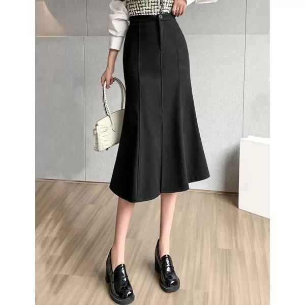IDEALSANXUN Mermaid Maxi Skirt for Women Bodycon High Waisted Ruffle Fall Winter Long Wool Skirts with SlitBlack