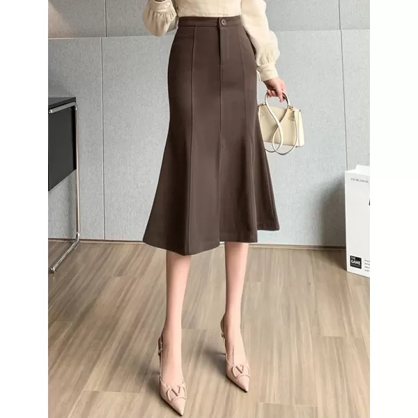 IDEALSANXUN Mermaid Maxi Skirt for Women Bodycon High Waisted Ruffle Fall Winter Long Wool Skirts with SlitCoffee