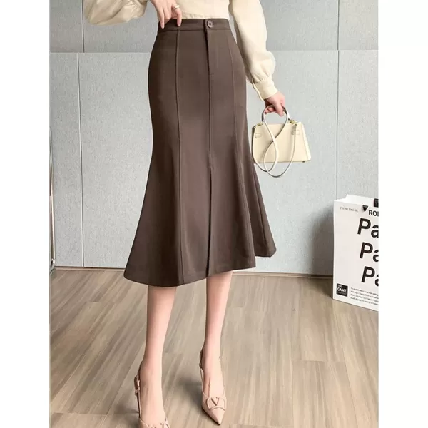 IDEALSANXUN Mermaid Maxi Skirt for Women Bodycon High Waisted Ruffle Fall Winter Long Wool Skirts with SlitCoffee