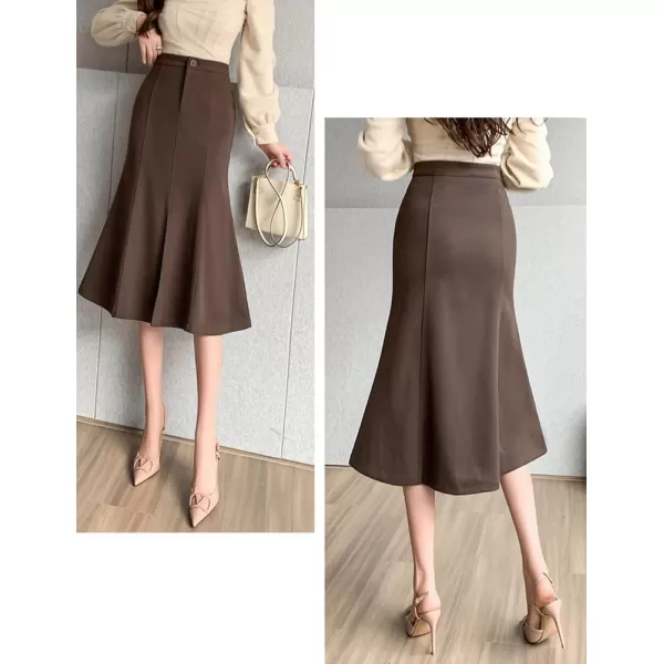 IDEALSANXUN Mermaid Maxi Skirt for Women Bodycon High Waisted Ruffle Fall Winter Long Wool Skirts with SlitCoffee