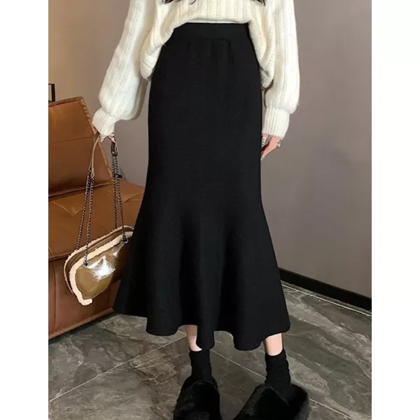 IDEALSANXUN Mermaid Maxi Skirt for Women High Waisted Bodycon Knit Ruffle Fall Winter Long SkirtBlack