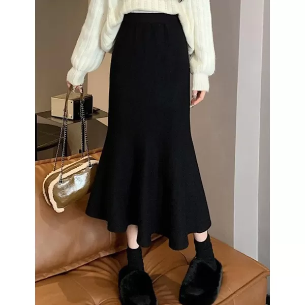 IDEALSANXUN Mermaid Maxi Skirt for Women High Waisted Bodycon Knit Ruffle Fall Winter Long SkirtBlack