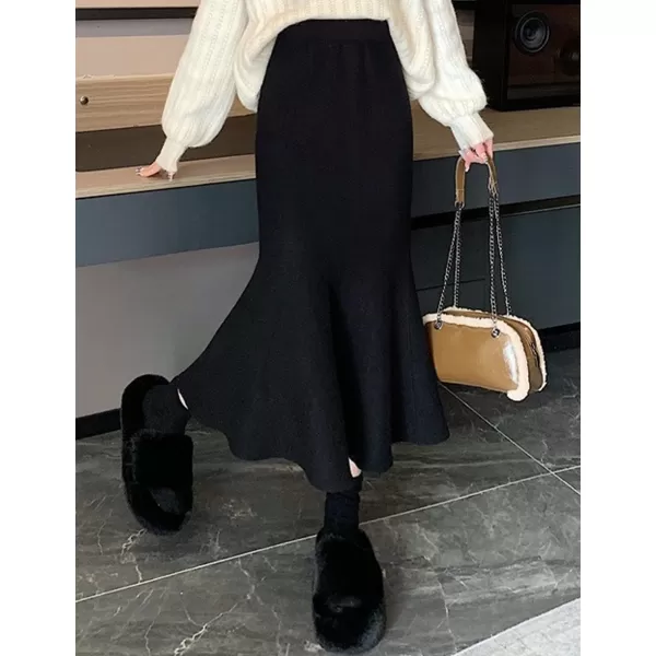 IDEALSANXUN Mermaid Maxi Skirt for Women High Waisted Bodycon Knit Ruffle Fall Winter Long SkirtBlack