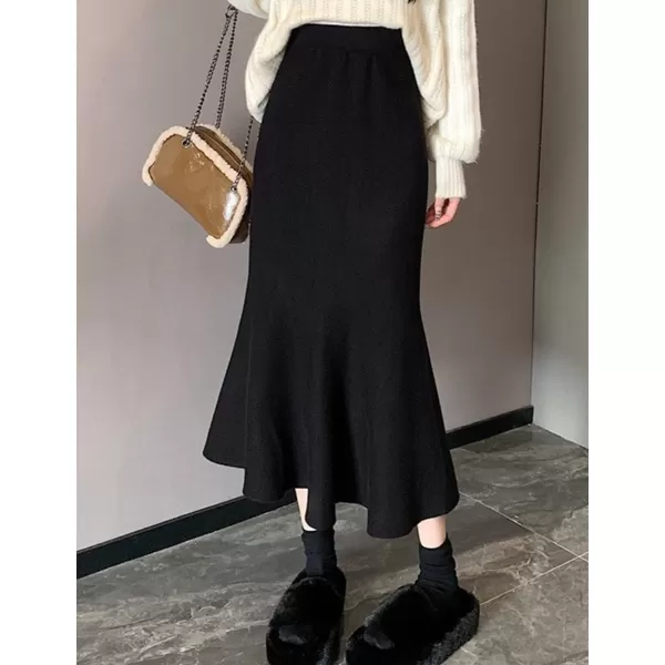 IDEALSANXUN Mermaid Maxi Skirt for Women High Waisted Bodycon Knit Ruffle Fall Winter Long SkirtBlack