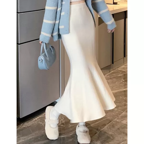 IDEALSANXUN Mermaid Maxi Skirt for Women High Waisted Bodycon Knit Ruffle Fall Winter Long SkirtWhite