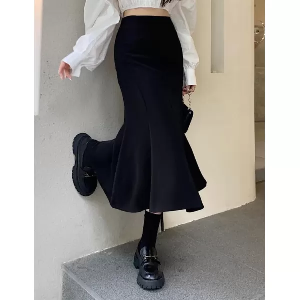 IDEALSANXUN Mermaid Maxi Skirt for Women Pleated Wrap High Waisted Bodycon Fishtail Fall Winter Ruffle SkirtBlack